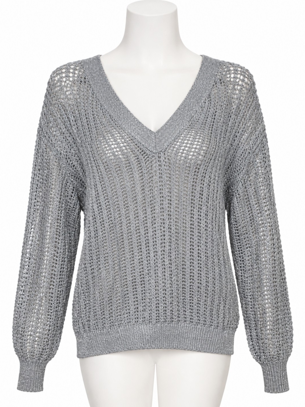 Grey Open-Knit V-Neck Sweater - Classic Lightweight Pullover